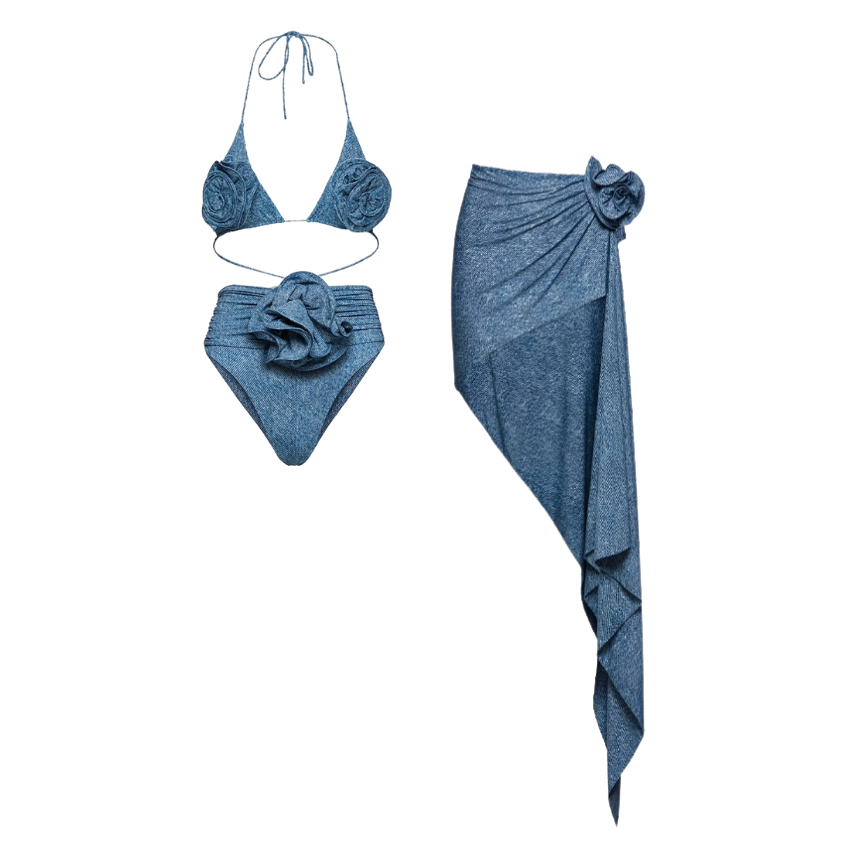 Classic High Waist Flower Denim Print Bikini Swimsuit and Skirt Flaxmaker
