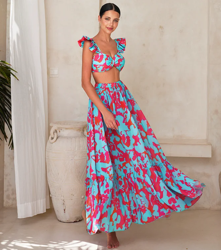 Printed Ruffled Starp High Waist Bikini Swimsuit and Skirt Flaxmaker