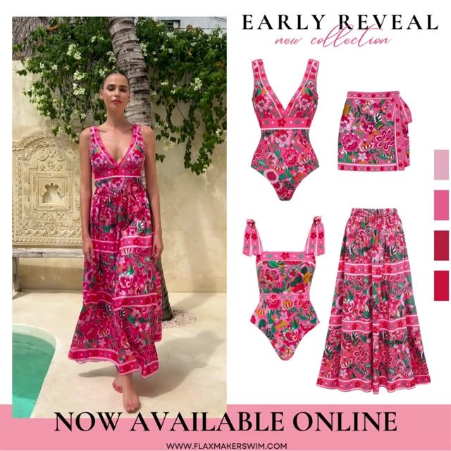 Pink Floral Paradise Print V-neck One Piece Swimsuit and Skirt