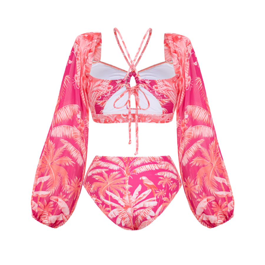 Long-sleeved Tropical Jungle Print Bikini Swimsuit and Sarong Flaxmaker