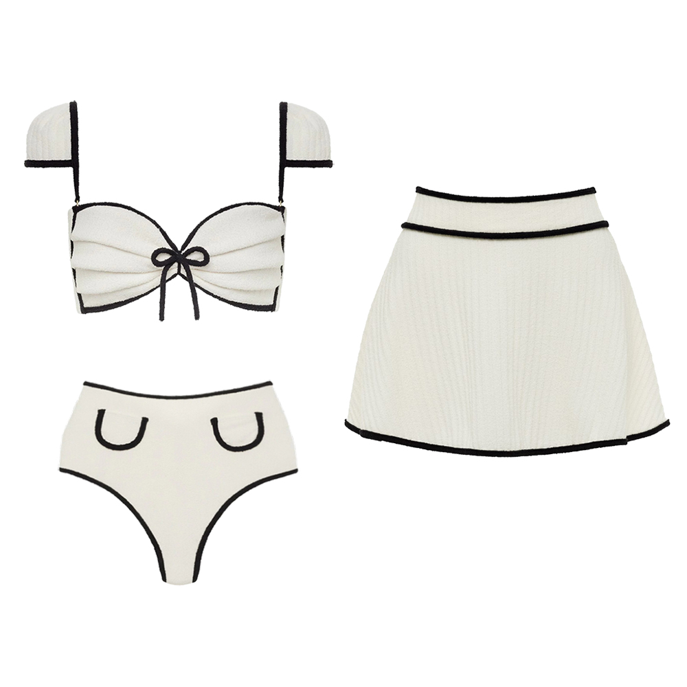 Ivory Black Trim High Waist Bikini Swimsuit and Skirt Flaxmaker