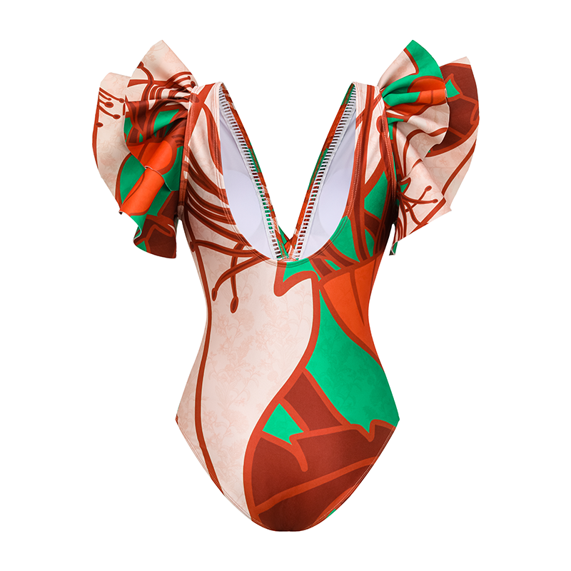 V Neck Ruffle Pattern Print One Piece Swimsuit and Sarong