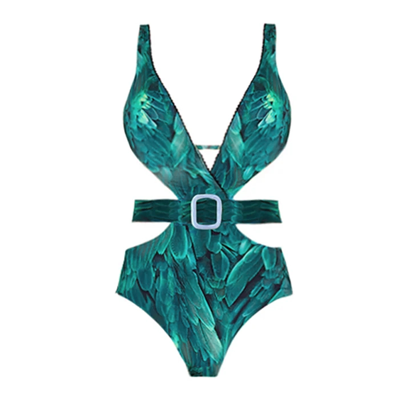 V Neck Cut Out Feather Printed Swimsuit and Skirt Flaxmaker