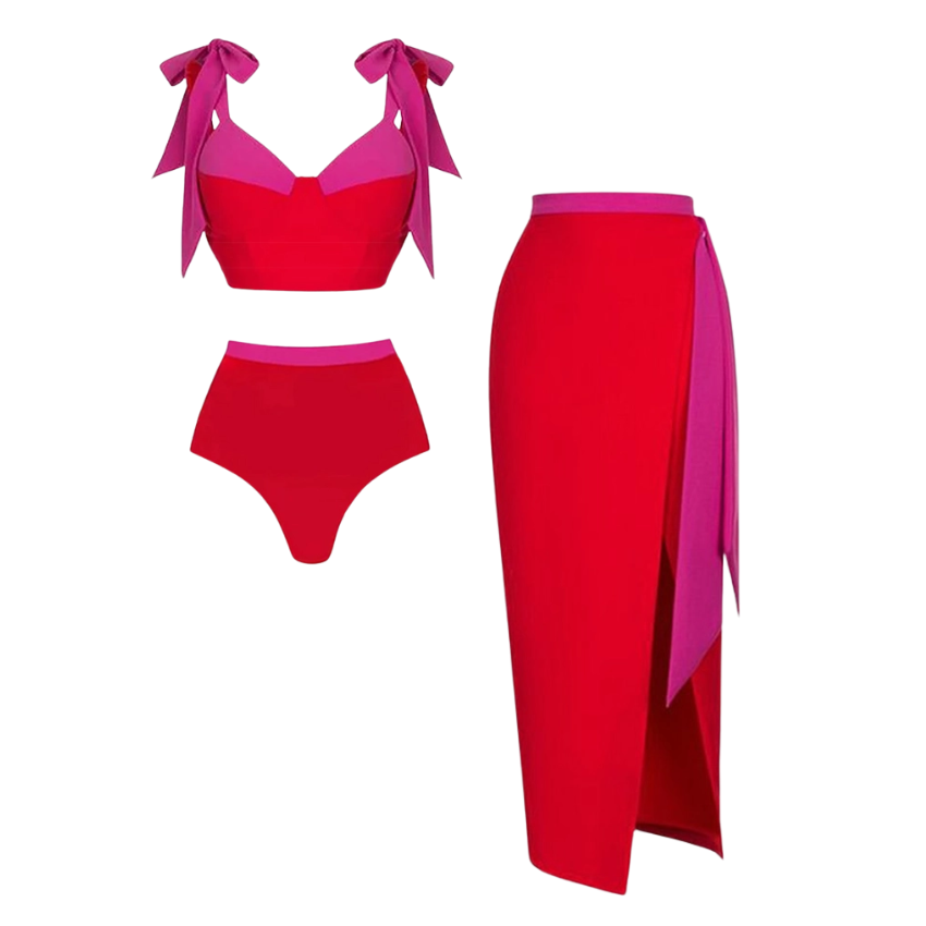 Sling Color Block High Waist Bikini Swimsuit and Skirt Flaxmaker