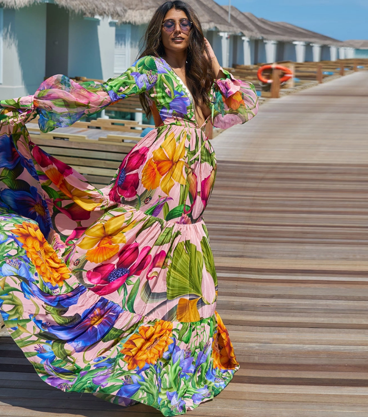 V-neck Long Sleeve Flowers Printed One Piece Swimsuit and Skirt Flaxmaker