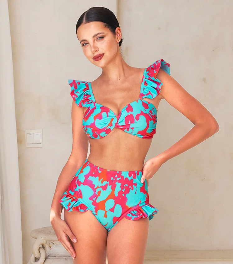 Printed Ruffled Starp High Waist Bikini Swimsuit and Skirt Flaxmaker