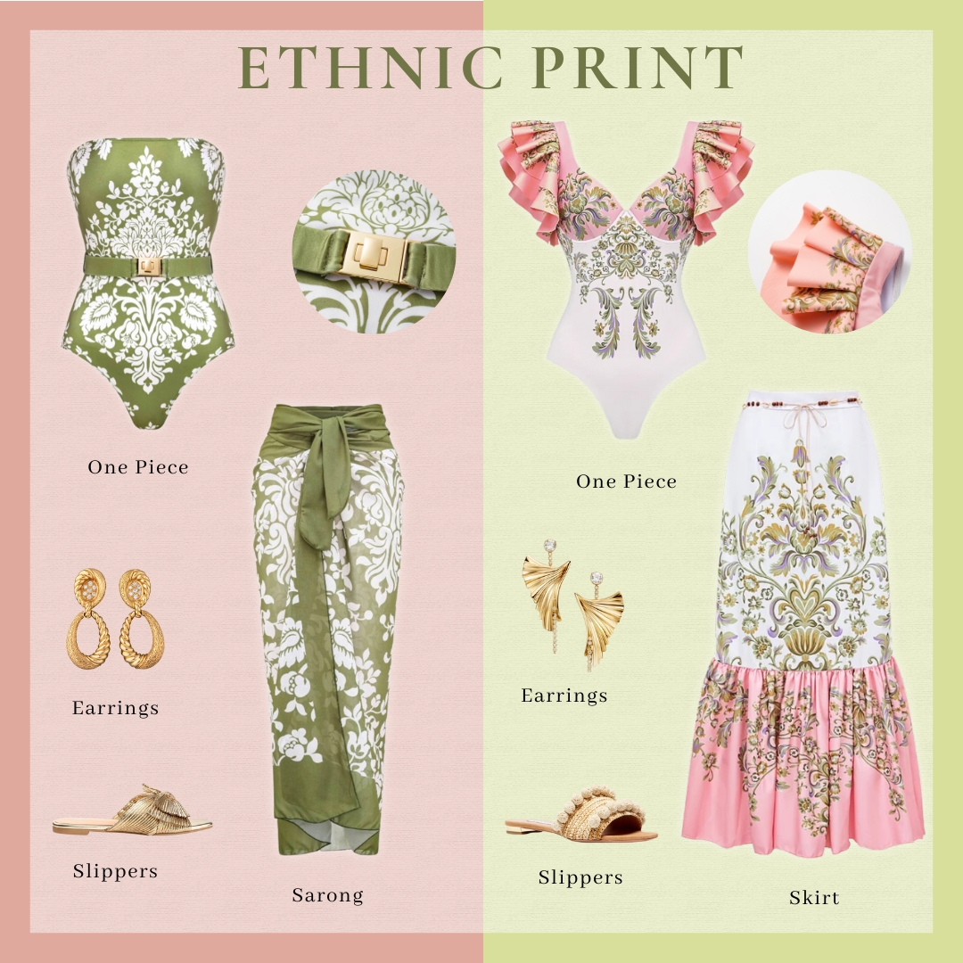 Retro Print Removable Belt Detail Sling One Piece Swimsuit and Sarong Flaxmaker