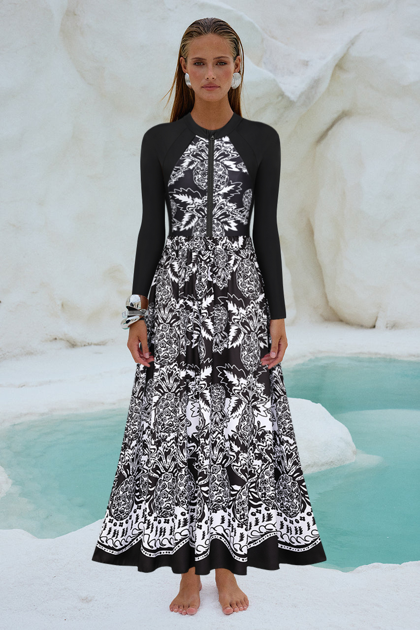 Color Block Printed Long Sleeve One Piece Surf Swimsuit and Skirt