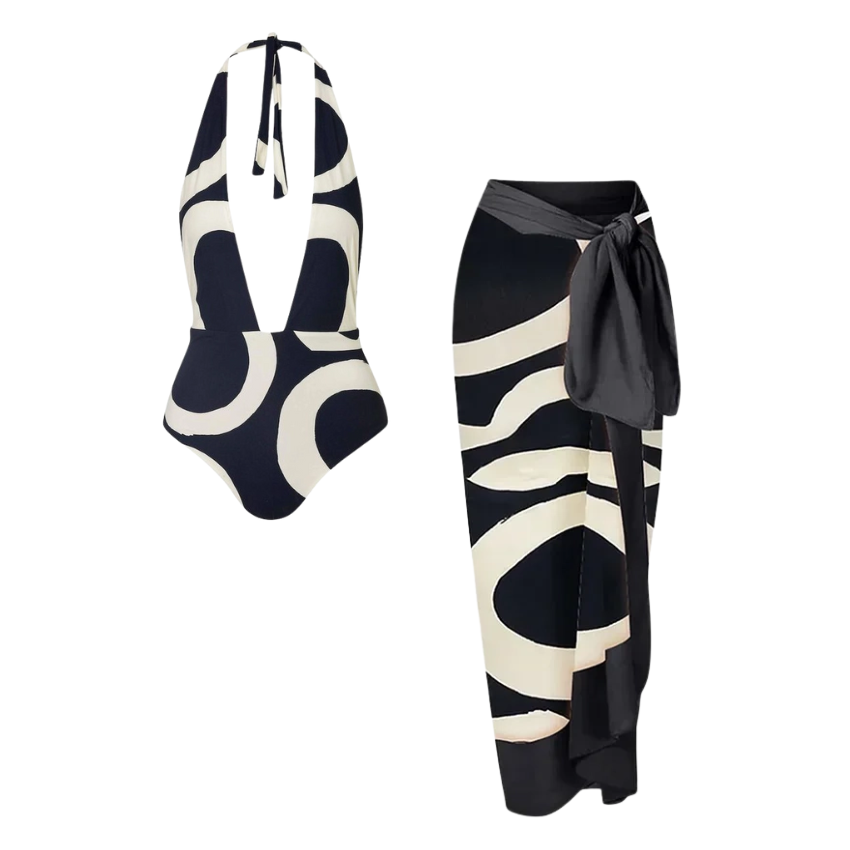 Halter V Neck Geometric Print One Piece Swimsuit and Sarong Flaxmaker