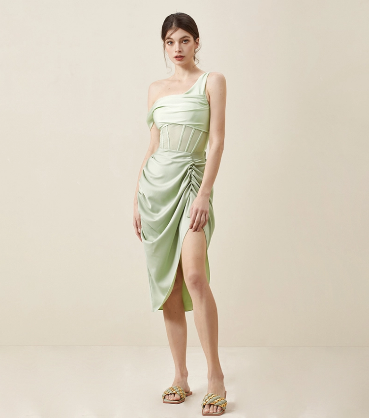 Flaxmaker One Shoulder Net Yarn Splicing One Piece Swimsuit and Skirt