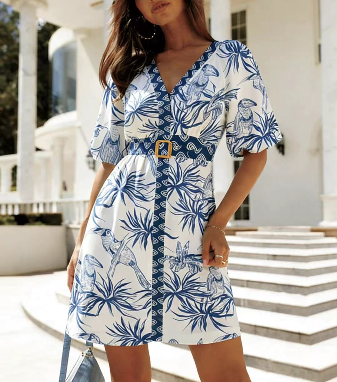 Tropical Print Puff Sleeve Dress
