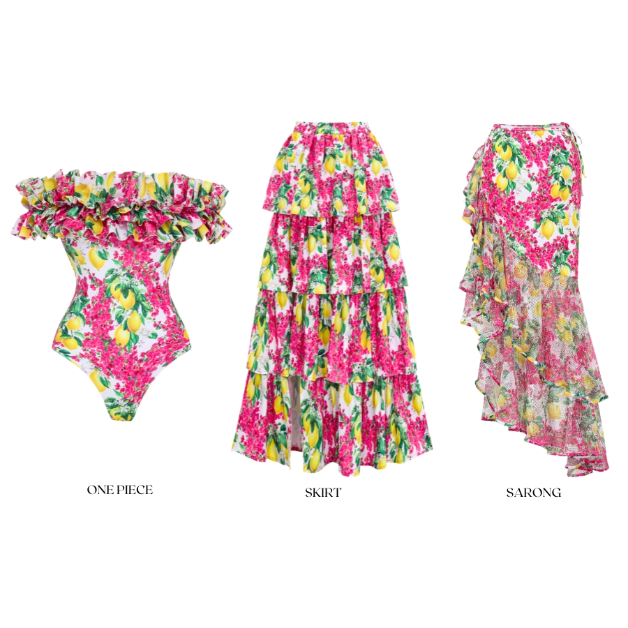 Bandeau Ruffled Lemon Floral Print One Piece Swimsuit and Mesh Splicing Sarong