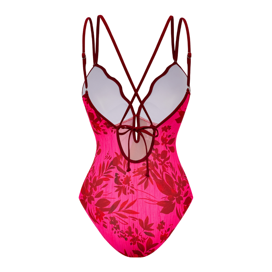 Rose Red Flower Print Net Yarn Splicing One Piece Swimsuit and Tiered Skirt