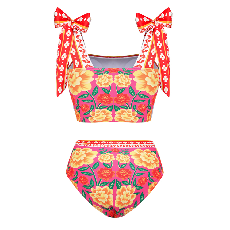 Tie-shoulder Flower Print Bikini Swimsuit and Skirt Flaxmaker