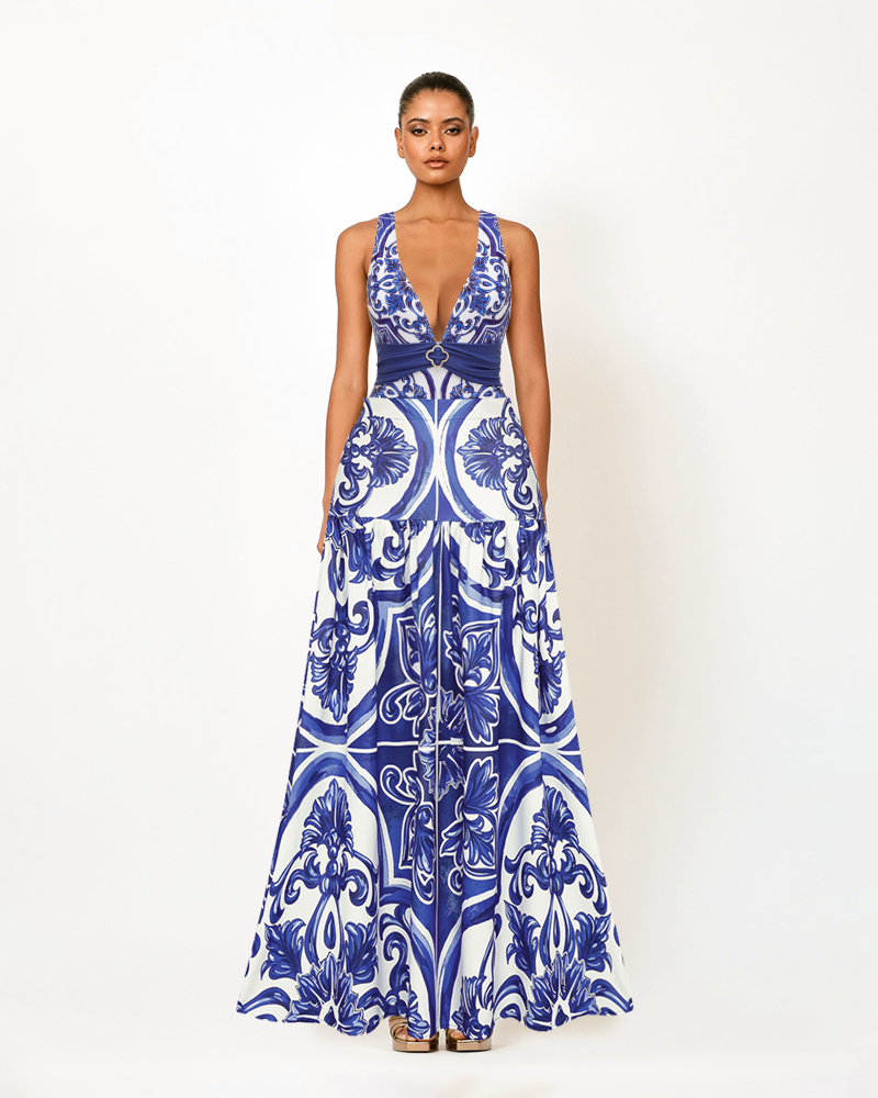 V Neck Classic Majolica Series Pattern Print One Piece Swimsuit and Pants or Shorts