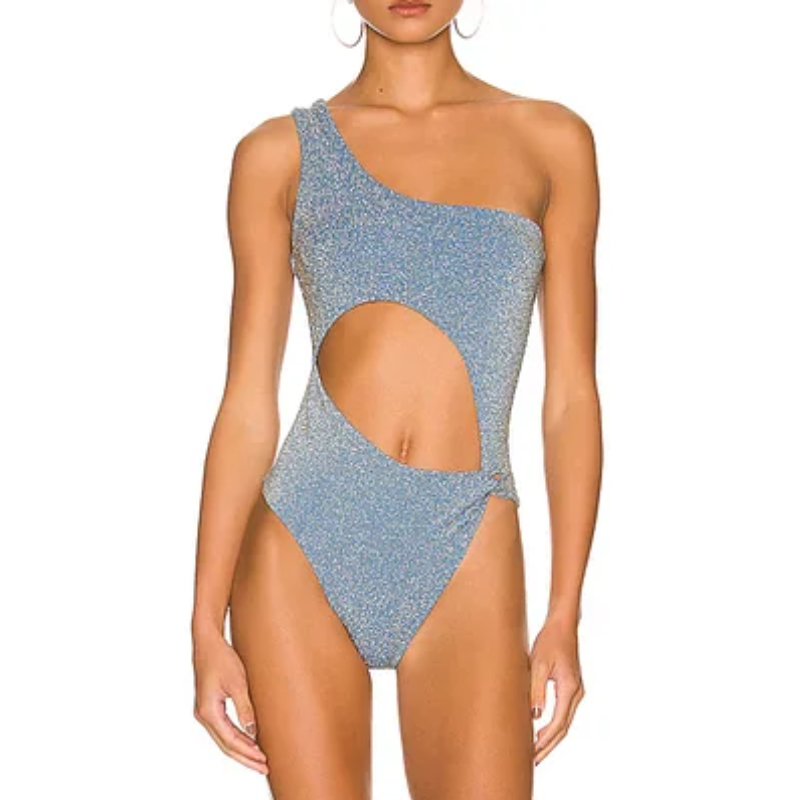 Flaxmaker Pearl Shoulder Strap Cutout Shiny Texture One Piece Swimsuit and Dress
