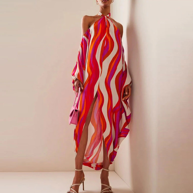 Halter Printed Color Block One Piece Swimsuit and Cover Up