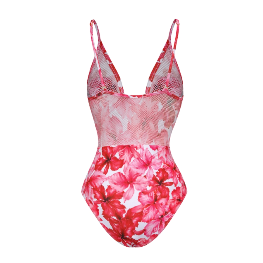 Deep V 3D Flower Decor Mesh Splicing Printed One Piece Swimsuit and Skirt