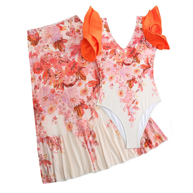 V Neck Ruffle Printed One Piece Swimsuit and Sarong