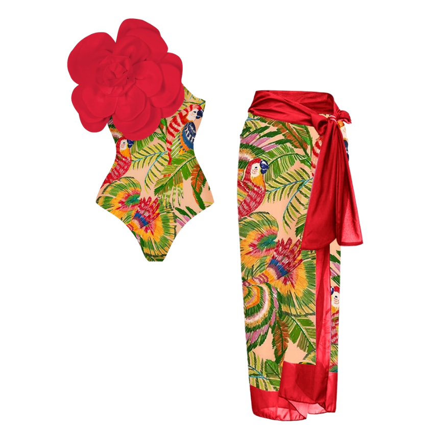 3D Flower One Shoulder One Piece Swimsuit and Sarong Flaxmaker