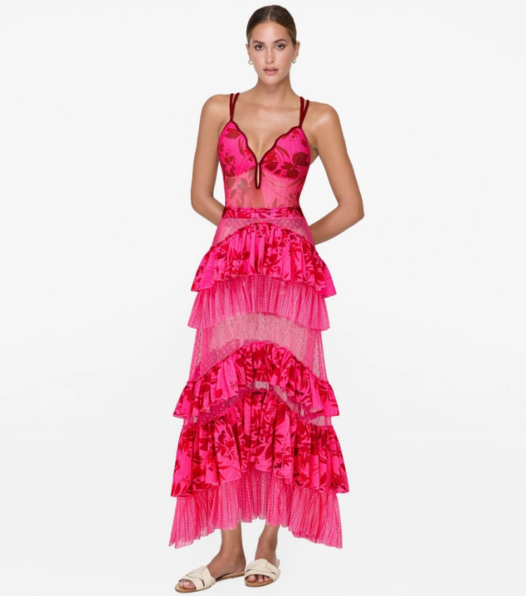 Rose Red Flower Print Net Yarn Splicing One Piece Swimsuit and Tiered Skirt