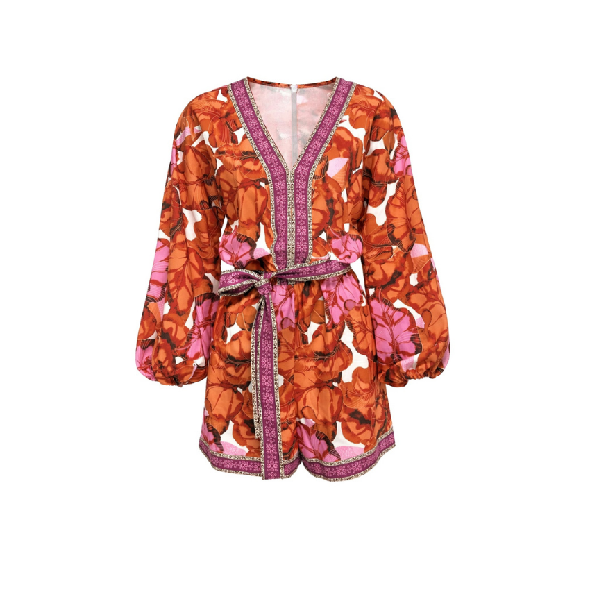 Orange Floral Balloon Sleeve Wrap Romper