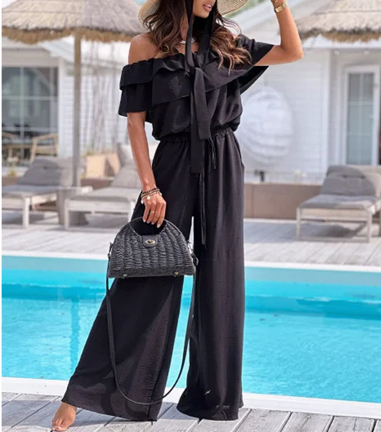 Off Shoulder Ruffle Solid Color Jumpsuit