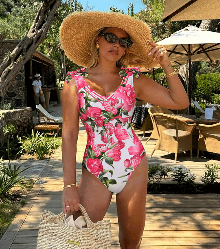 Tie Shoulder Shirring Flower Print One Piece Swimsuit and Skirt