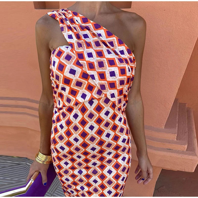 Oblique Shoulder Printed Dress