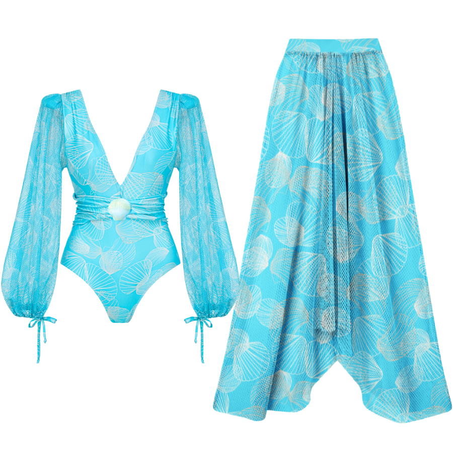 Mesh Splicing Long-sleeved Shell Print One Piece Swimsuit and Skirt