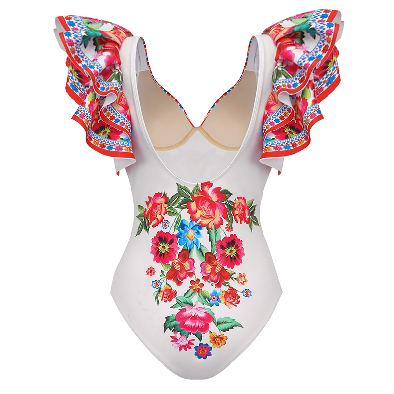 V Neck Ruffle Shoulder Embroidery Pattern Printed  One Piece Swimsuit and Skirt Flaxmaker