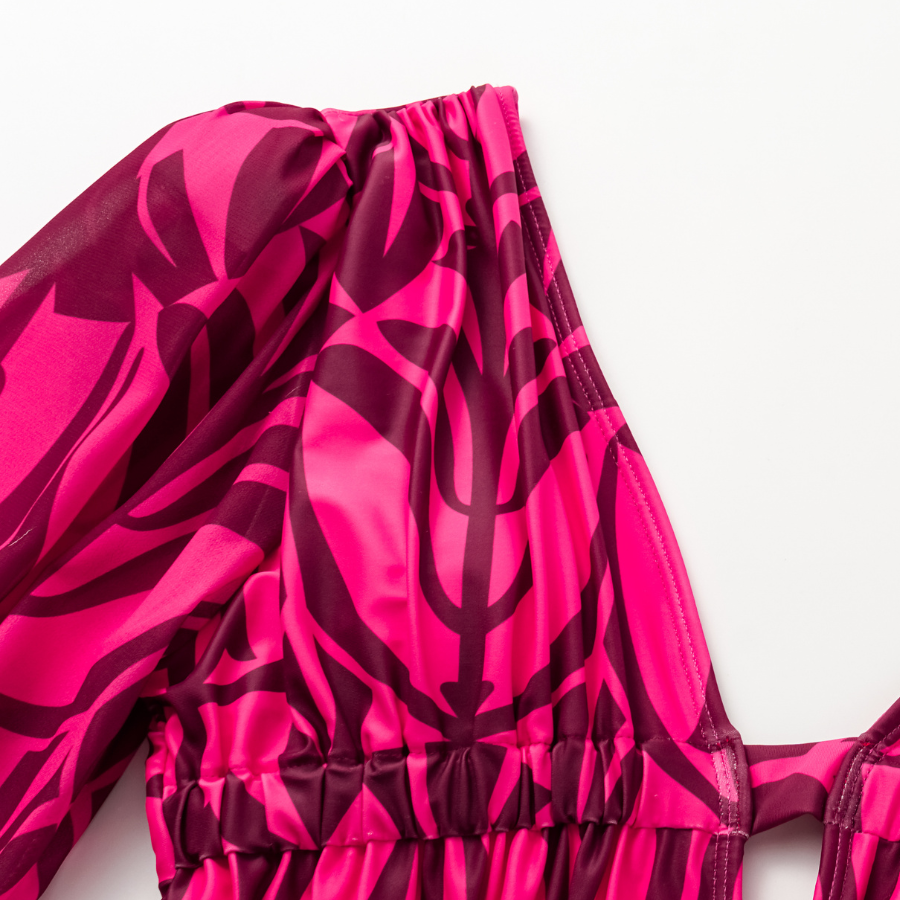 Rose Red Pattern Print Long-sleeved One Piece Swimsuit and Skirt