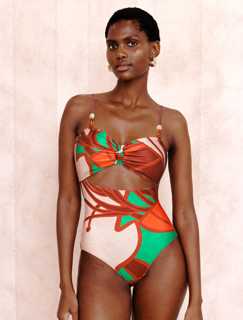 Sling Cut Out Artificial Stone One Piece Swimsuit and Sarong Flaxmaker