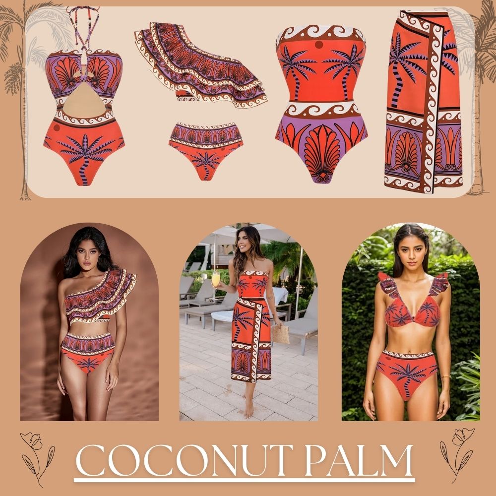 One Shoulder Ruffle Printed Bikini Swimsuit and Skirt Flaxmaker