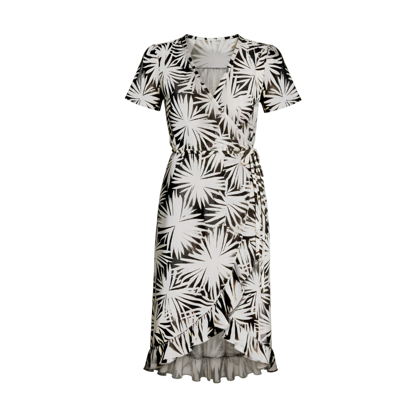 Black Palm Wrap Midi Dress
