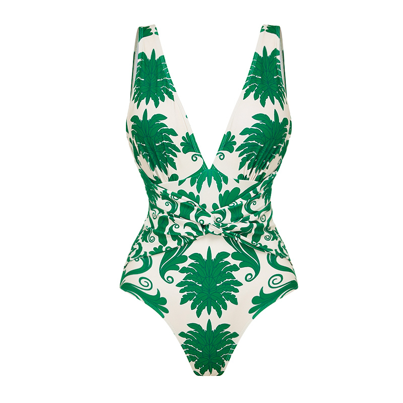 V Neck Printed Knotted at Waist One Piece Swimsuit and Pants Flaxmaker