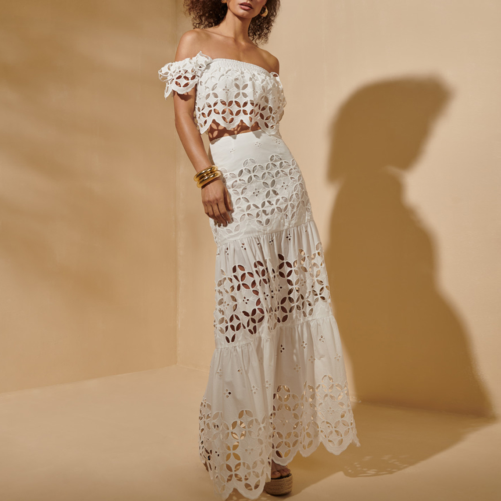 White Laser Hollowing Bikini Swimsuit and Skirt