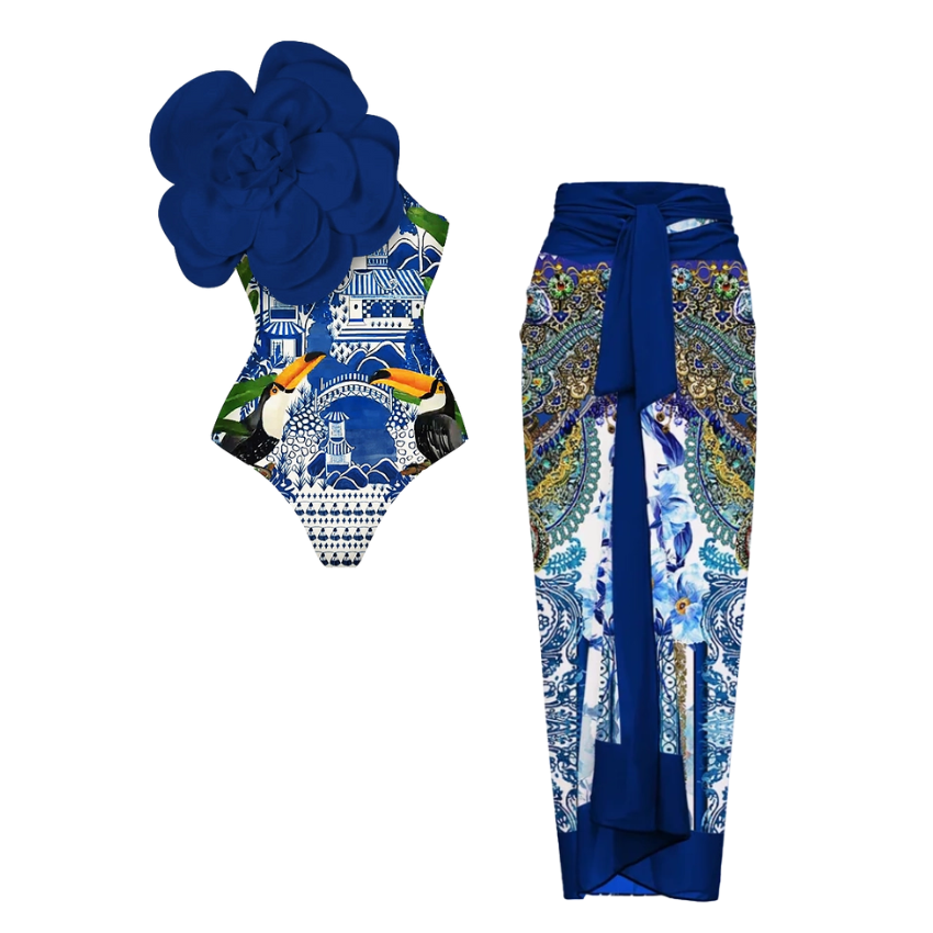 3D Flower Printed One Piece Swimsuit and Sarong Flaxmaker