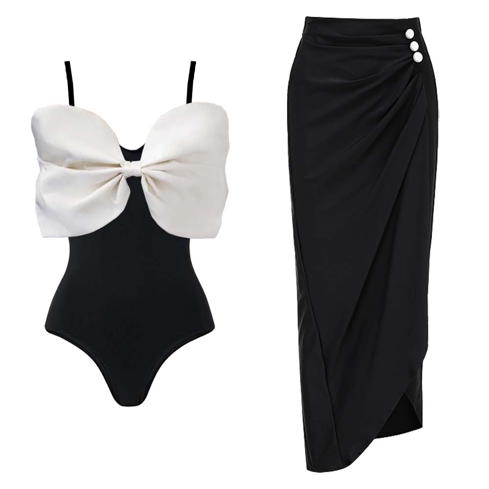 Bow Bandeau Black and White One Piece Swimsuit and Skirt Flaxmaker