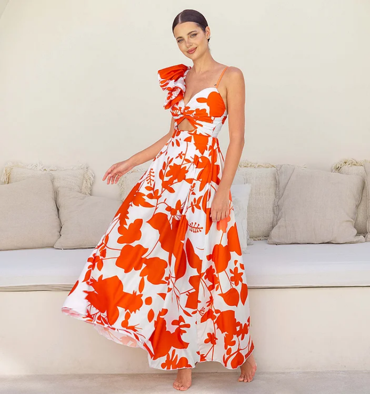 One Shoulder Ruffle Printed One Piece Swimsuit and Skirt