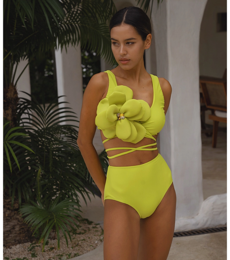 Lace-up Hand-stitched 3D flowers Bikini Swimsuit and Sarong