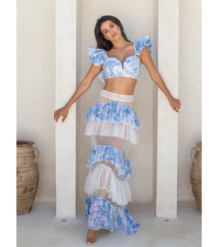 Ruy Print Net Yarn Splicing Bikini Swimsuit and Tiered Skirt