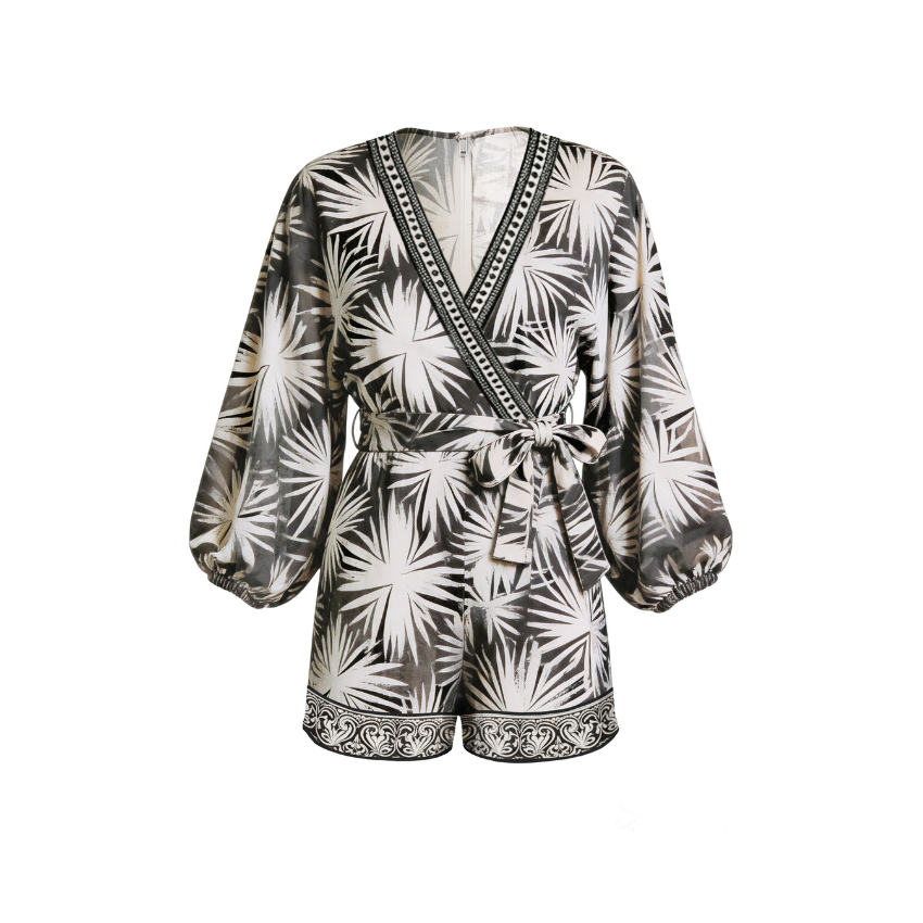 Black Palm Balloon Sleeve Wrap Romper