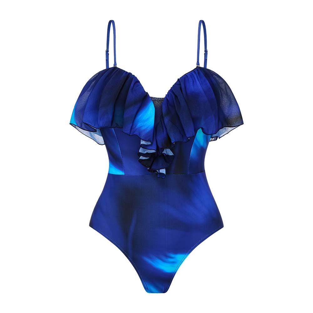 Blue Blooming Ruffle One Piece Swimsuit and Skirt