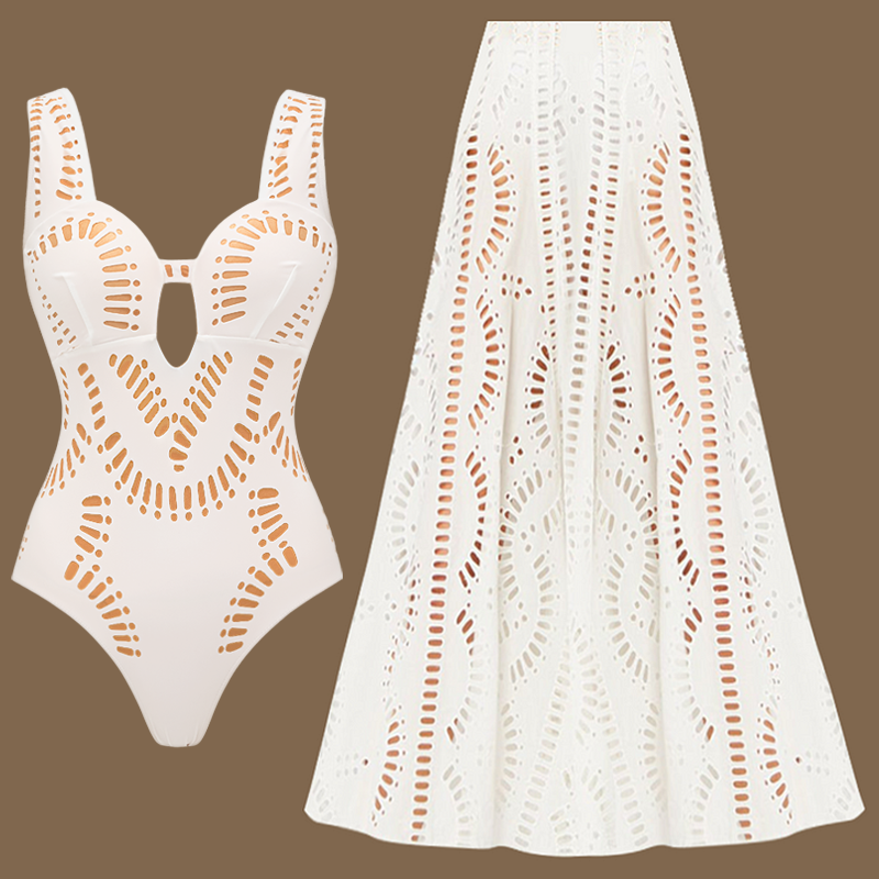 White Hollow Out One Piece Swimsuit and Skirt