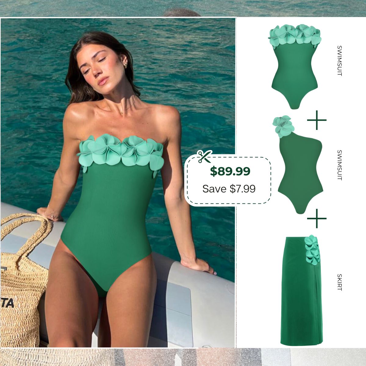 Bandeau 3D Flower One Piece Swimsuit and Skirt