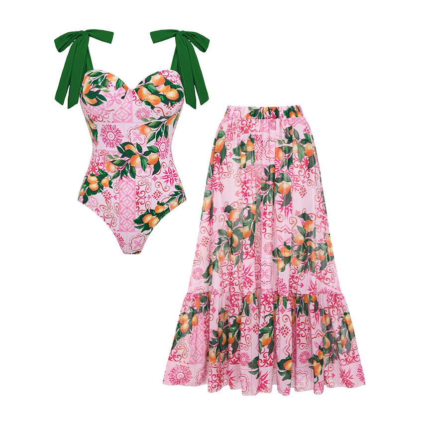 Bandage Bowknot Design Lemon Print Swimsuit Set(s)