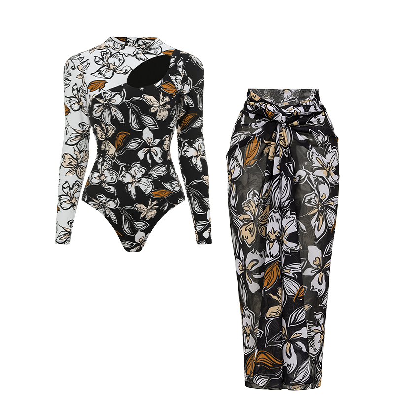 Cutout Printed Long Sleeve Rashguard Swimsuit Set(s)