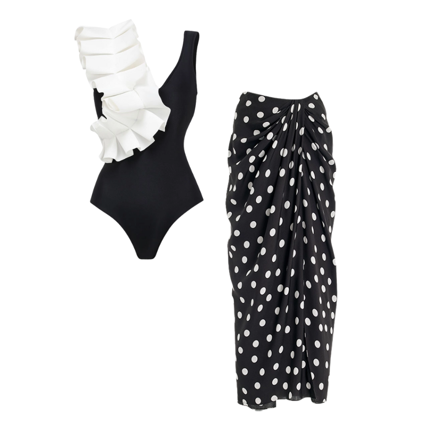 Ruffle Fold Polka Dot Printed One Piece Swimsuit and Sarong Flaxmaker