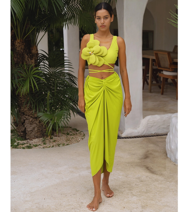 Lace-up Hand-stitched 3D flowers Bikini Swimsuit and Sarong